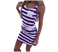 AMDOLE Casual Long Sleeve Dress for Women Tunic Dresses Sleeveless Shirts Summer Stripe T Women Waist Casual Dress Women's Dress Summer Dressed Purple