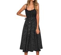 AMDOLE Casual Tan Dress Summer Button Loose Casual Dress Womens Strap U Print Splice Belt Neck Dot Women's Casual Dress Tunic Dress