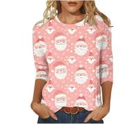 AMDOLE Christmas Jumpers for Women UK Plus Size Glitter Xmas Tree Print 3/4 Sleeve Tops Cotton Crewneck Pullover Blouse Dressy Casual Tunic Tops T Shirt Ladies Christmas Xmas Sweatshirts d-Pink M