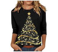 AMDOLE Christmas Jumpers for Women UK Plus Size Glitter Xmas Tree Print 3/4 Sleeve Tops Cotton Crewneck Pullover Blouse Dressy Casual Tunic Tops T Shirt Ladies Christmas Xmas Sweatshirts b-Black XXL