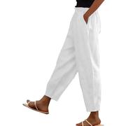 AMDOLE Cotton Linen Trousers Womens UK Solid Color Elasticated Waist Trouser Ladies Summer Lounge Pants Plain Loose Fit Capri Pant Casual Straight Leg Bottoms with Pockets White, S
