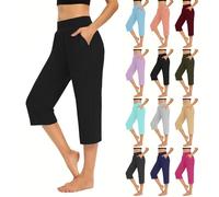 AMDOLE Cropped Leggings for Women UK Cropped Capri Pants Ladies High Waisted 3/4 Length Trousers Elastic Waist Straight Leg Trouser with Pockets Solid Color Tights Soft Pant Office Work Black XXL