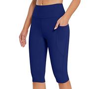 AMDOLE Cropped Leggings for Women UK High Waisted Knee Length Capri Leggings with Pockets Summer Short Legging Tummy Control Yoga Pants Cropped Seamless Stretchy Sports Gym Running Shorts Blue XL