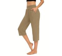 AMDOLE Cropped Trousers Women Capri Trousers Ladies Soft 3/4 Length Cropped Pants High Waist Stretch Bottoms Summer Golf Joggers Leggings with Pockets Elegant Trouser Office Business Khaki M