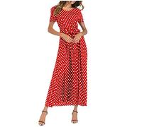 AMDOLE Dress Loose Casual Dress Beach Sleeve Dress Maxi O-Neck Short Polka Women Bandage Long Fashion Dot Women's Dress Swing Dress with Long Sleeves Red