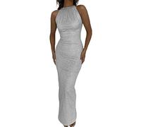AMDOLE Dresses for Big Belly Womens Sexy Sequin Sparkly Glitter Ruched Party Club Dress Spaghetti Straps Wrap Halterneck Collar Bodycon Dress Pageant Gown Dresses for Women Silver