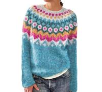 AMDOLE Fair Isle Sweaters Women Knitted Retro Sweater Casual Loose Crewneck Long Sleeve Lightweight Cropped Pullover Tops Plus Size Christmas Jumpers for Women Blue-A 4XL