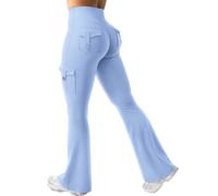 AMDOLE Flare Trousers with Pockets for Women Scrunch Butt Sport Leggings High Waist Bootcut Flared Trousers Workout Seamless Push Up Leggings for Gym Yoga Casual Light Blue XS