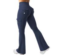 AMDOLE Flare Trousers with Pockets for Women Scrunch Butt Sport Leggings High Waist Bootcut Flared Trousers Workout Seamless Push Up Leggings for Gym Yoga Casual Navy L