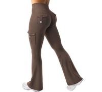 AMDOLE Flare Trousers with Pockets for Women Scrunch Butt Sport Leggings High Waist Bootcut Flared Trousers Workout Seamless Push Up Leggings for Gym Yoga Casual Coffee XL