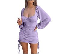 AMDOLE Floral Dresses Casual Ladies Sexy Dresses Long Sleeve Drawstring Ruched Ribbed Solid Color Mini Dress Tight Casual Dress Wrap Dress Women Purple