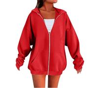 AMDOLE Hoodies For Women Uk Ladies Oversized Solid Color Zip Up Hoodies Womens Tops Long Sleeves Casual Fashion Loose Baggy Hooded Jackets With Pockets Women'S Hoody 1-Red 3Xl
