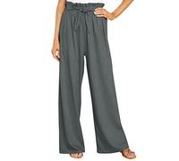 AMDOLE Ladies Summer Trousers Cotton Linen Trousers Summer Wide Leg High Waist Straight Drawstring Pants Elastic Loose Lightweight Comfy Beach Pants with Pockets Grey-1 L