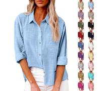 AMDOLE Linen Shirt Women Long Sleeve Cotton Linen Tops Casual Button Down Loose Oversized Summer Tops Dressy Blouses Plain Ladies Top Work Loose Fit Plus Size T-Shirts 2026 Sky Blue XL