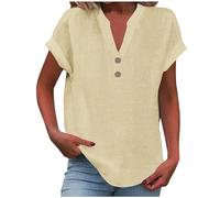 AMDOLE Linen Shirts for Women UK Elegant Button Tunic Tops Lightweight V-Neck Summer Blouse Casual Loose Fit Short Sleeve Tee Shirt Oversized Solid Color Linen Cotton Tops a-Beige, XXXL