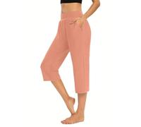 AMDOLE Linen Trousers Womens Cropped Capri Pants Ladies High Waisted 3/4 Length Trousers Elastic Waist Straight Leg Trouser with Pockets Solid Color Tights Soft Pant Office Work Rose Gold XL