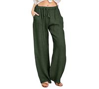 AMDOLE Linen Trousers Womens, Women Summer Casual Baggy Wide Leg Linen Trousers Ladies Summer Elastic Waist Drawstring Pants with Pockets Loose Fit Plain Bottoms for Women UK Green L