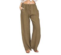 AMDOLE Linen Trousers Womens, Women Summer Casual Baggy Wide Leg Linen Trousers Ladies Summer Elastic Waist Drawstring Pants with Pockets Loose Fit Plain Bottoms for Women UK Brown XL