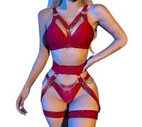 AMDOLE Lingerie for Women Bras Set Lace Underwear and Underwear Set Strap Lace Underwear Sexy Underwear Metal Chain Sexy Underwear Sexy Womens Three Set Mommy and Christmas Pajamas Silk (Red, S)