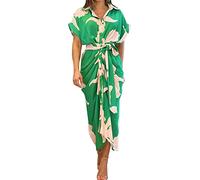 AMDOLE Long Sleeve Dress T Shirt Women Print Lapel Short Sleeved High Waist High Waist Long Shirt Dress Summer Dresses Casual Green