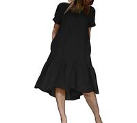 AMDOLE Long Sleeve Summer Dress Women's Solid Color Round Neck Short Sleeve Pullover Ruffle Midi Long Casual Dresses Casual Belted Dresses for Women Black