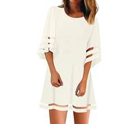 AMDOLE Long Sleeve Swing Dress for Women Panel Neck O Top Mesh Sleeve Shirt 3/4 Blouse Loose Dress Women's Bell Women's Dress 100 Cotton Dress White