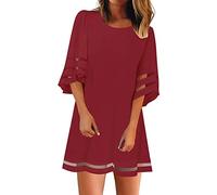 AMDOLE Long Sleeve Swing Dress for Women Panel Neck O Top Mesh Sleeve Shirt 3/4 Blouse Loose Dress Women's Bell Women's Dress 100 Cotton Dress Red