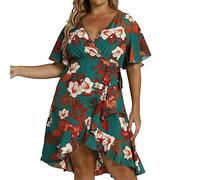 AMDOLE Loose Women Dress Women's Summer Fashion V Neck Large Size Large Hemline Lily Print Lace Up Casual Dress Womens Dresses Wrap Green