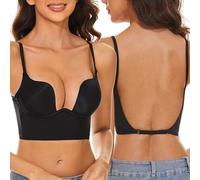 AMDOLE Low Back Bras for Women-Invisible Backless Bra-Seamless Secret Push Up Deep Plunge Bra Lightly Lined Open Back Multiway Halter Bras Black S
