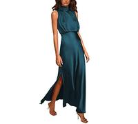 AMDOLE Maxi Dress with Pockets for Women Women Summer Long Formal Satin Dress Mock Neck Sleeveless Side Slit Flowy Maxi Tank Dresses Size Large Dresses Blue