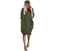 AMDOLE Maxi Dress with Sleeves Formal Women's Pocket Loose Dress Ladies Round Neck Casual Knee Length Dress Dress for Women Junior Green