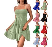 AMDOLE Mini Dress Spaghetti Strap Summer Dresses Casual Sleeveless A Linen Mini Dress Bandeau Tube Boho Sun Dresses Plain Beach Wear Cover Ups with Pockets 1-Mint Green S