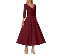 AMDOLE Mother of Bride Dress A Line Mother of The Bride Dress Wedding Guest Vintage Plus Size Elegant V Neck Tea Length Satin 1/2 Length Sleeve with Pleats Cotton Maxi Dresses for Women Wine