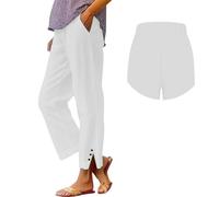 AMDOLE My-Orders Amazon UK Linen Trousers Women,Womens Linen Trousers with Elasticated Waist for Summer Cropped Trouser Wide Leg Lightweight with Pockets Casual Loose Holiday Beach Pants White, M
