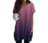 AMDOLE Oversized V Neck T Shirts for Women UK Longline Short Sleeve Dressy Tunic Tops Summer Vintage Floral Printed Elegant Tops Casual Loose Tshirts Basic Tee Shirts Ladies Blouses Purple-2, XXL