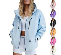 AMDOLE Pac A Mac Ladies Waterproof Womens Casual Outdoor Raincoats With Hooded Active Trench Coat Zipper Quick Dry Rain Jacket For Hiking Walking Cycling For Spring Fall Winter Light Blue L
