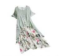 AMDOLE Plus Size Dress Casual Size O-Neck Print Dress Patchwork Maxi Women Sleeve Plus Short Summer Vintage Women's Dress Womens Dresses Casual Summer Green