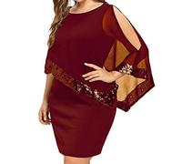 AMDOLE Plus Size Stretch Dress Women Plus Size Cold Shoulder Overlay Asymmetric Chiffon Strapless Sequins Dress Formal Long Sleeve Dress Red