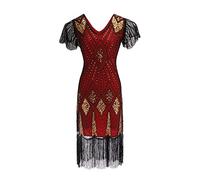 AMDOLE Summer Ruffle Dresses for Women Flapper Tassels Short V-Neck Sleeve Midi Women Length Dress Vintage Cocktail Women's Dress Long Casual Dresses for Women Red