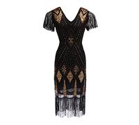 AMDOLE Summer Ruffle Dresses for Women Flapper Tassels Short V-Neck Sleeve Midi Women Length Dress Vintage Cocktail Women's Dress Long Casual Dresses for Women Black