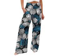 AMDOLE Summer Trousers for Women UK,Palazzo Pants for Women Casual Printing Pockets Elastic Waist Comfortable Straight Loose Pants Classic Lightweight Workout Tracksuit Bottoms for Yoga,S,Blue #2