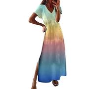AMDOLE Summer Women Women Casual Fashion Regular V Neck Short Sleeved Dress Color Tie Dye Color Matching Long Slit Casual Dress Linen Midi Dress Blue