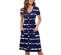 AMDOLE Summer Work Dresses for Women Women Summer Fashion Short Sleeve Dresses Button Down Knee Length Dress with Pockets Linen Dresses for Women Casual Summer Navy