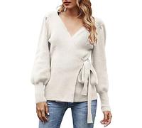AMDOLE Sweater Cotton Women's Fall Winter Wrap V Neck Sweater Balloon Sleeves Ribbed Knitted Pullover Tie Front Top Jumper Shawl Cardigan (C, L)