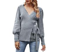 AMDOLE Sweater Cotton Women's Fall Winter Wrap V Neck Sweater Balloon Sleeves Ribbed Knitted Pullover Tie Front Top Jumper Shawl Cardigan (B, L)