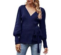 AMDOLE Sweater Cotton Women's Fall Winter Wrap V Neck Sweater Balloon Sleeves Ribbed Knitted Pullover Tie Front Top Jumper Shawl Cardigan (Navy, S)