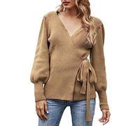 AMDOLE Sweater Cotton Women's Fall Winter Wrap V Neck Sweater Balloon Sleeves Ribbed Knitted Pullover Tie Front Top Jumper Shawl Cardigan (Khaki, XL)