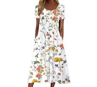 AMDOLE Trend Dresses for Women Women Summer Short Sleeve Floral Print Crew Neck Maxi Slim Dress Cotton Knit Dress White