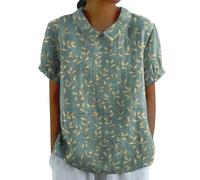 AMDOLE Tunic Tops for Women UK Cotton Linen Ladies Tops Back Button Pullover Closure T-Shirts Round Lapel Neck Short Sleeve Floral T-Shirt Collared Oversized Casual Loose Blouses C-Green 4XL