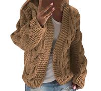 AMDOLE V Neck Cardigan Ladies Sweater with A Hat Cardigan Solid Color Coarse Knit Sweater Coat Tan Open Sweater (Khaki, L)
